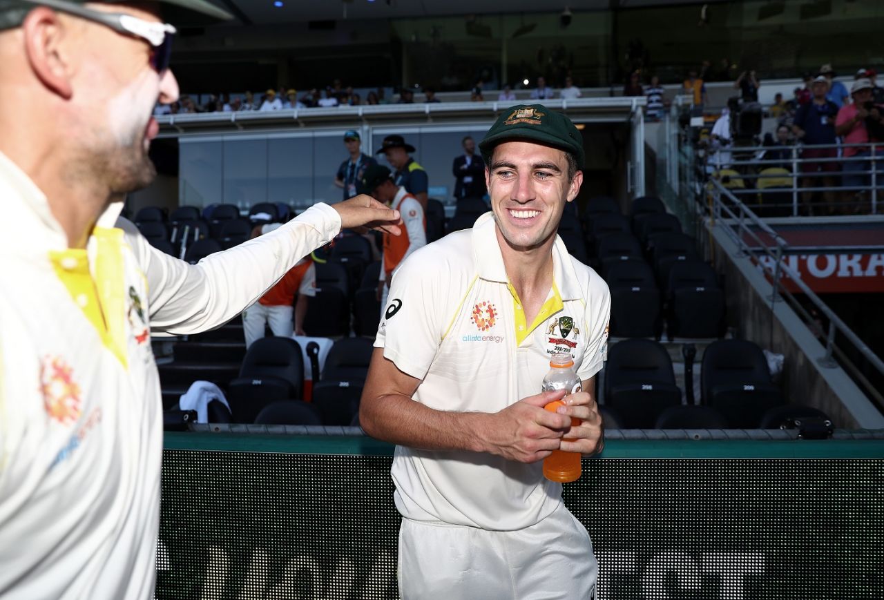 Nathan Lyon and Pat Cummins in a jovial mood after victory, Australia v Sri Lanka, 1st Test, Brisbane, 3rd day, January 26, 2019