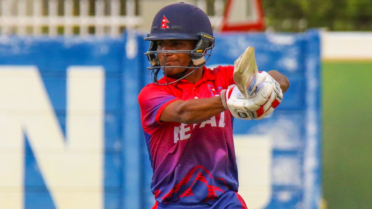 Rohit Paudel cuts through the off side, Kenya v Nepal, ICC WCL Division Two, Windhoek, February 12, 2018