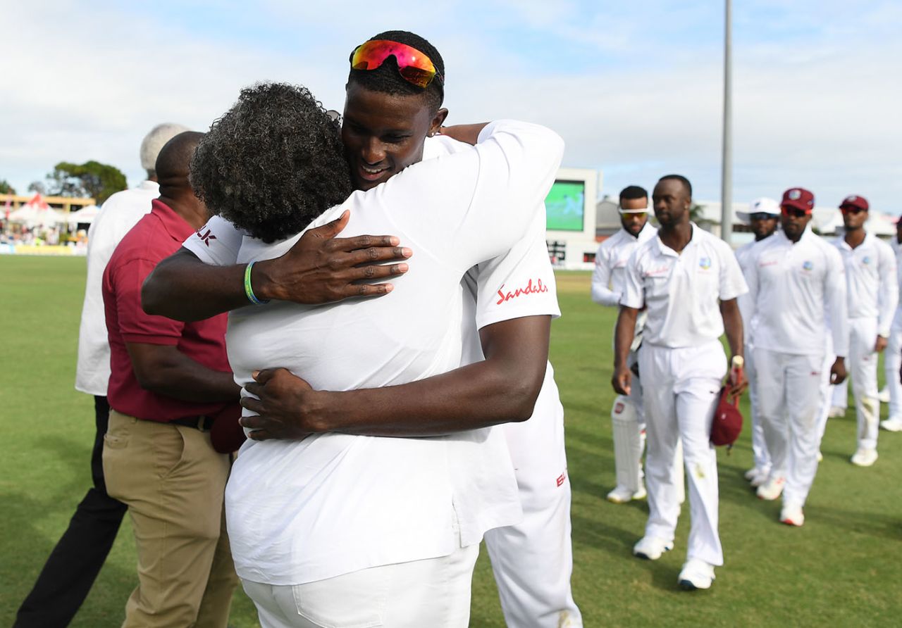 West Indies captain Jason Holder is congratulated by Barbados Prime Minister Mia Mottley, West Indies v England, 1st Test, Barbados, 4th day, January 26, 2019