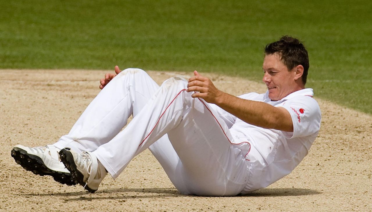 Darren Pattinson lies on the pitch after failing to catch Mark Boucher off his own bowling, England v South Africa, 2nd Test, Headingley, 3rd day, July 20, 2008
