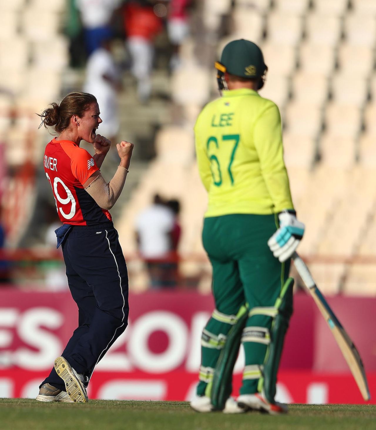 Natalie Sciver celebrates, ICC Women's World T20 2018, England v South Africa, Darren Sammy Cricket Ground, Gros Islet, Saint Lucia, November 16, 2018 