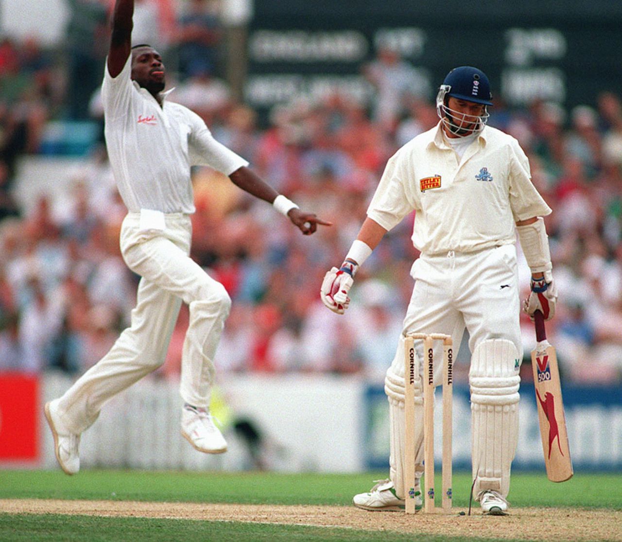 Alan Wells falls to Curtly Ambrose for a first-ball duck on Test debut, England v West Indies, 6th Test, The Oval, 1995