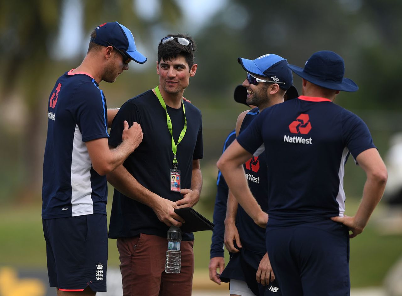 Alastair Cook says hello to former team-mates in his role as a radio commentator, England in West Indies, Antigua, January 29, 2019