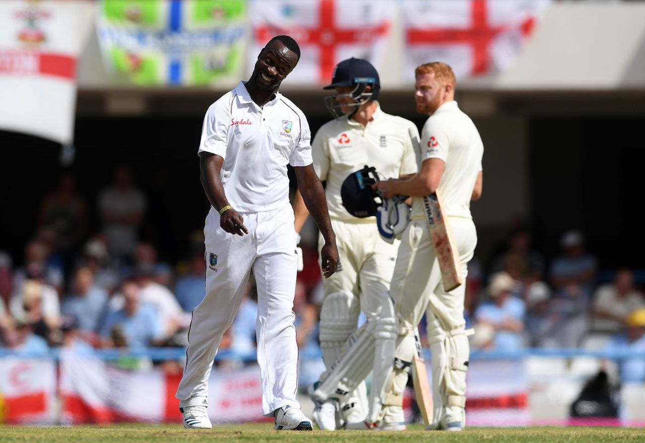 Kemar Roach was unlucky not to win an lbw decision against Joe Denly
, West Indies v England, 2nd Test, Antigua, 1st day, January 31, 2019