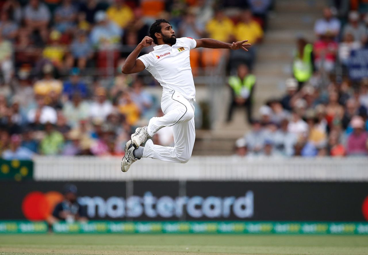 Chamika Karunaratne celebrates his first Test wicket, Australia v Sri Lanka, 2nd Test, Canberra, February 1, 2019