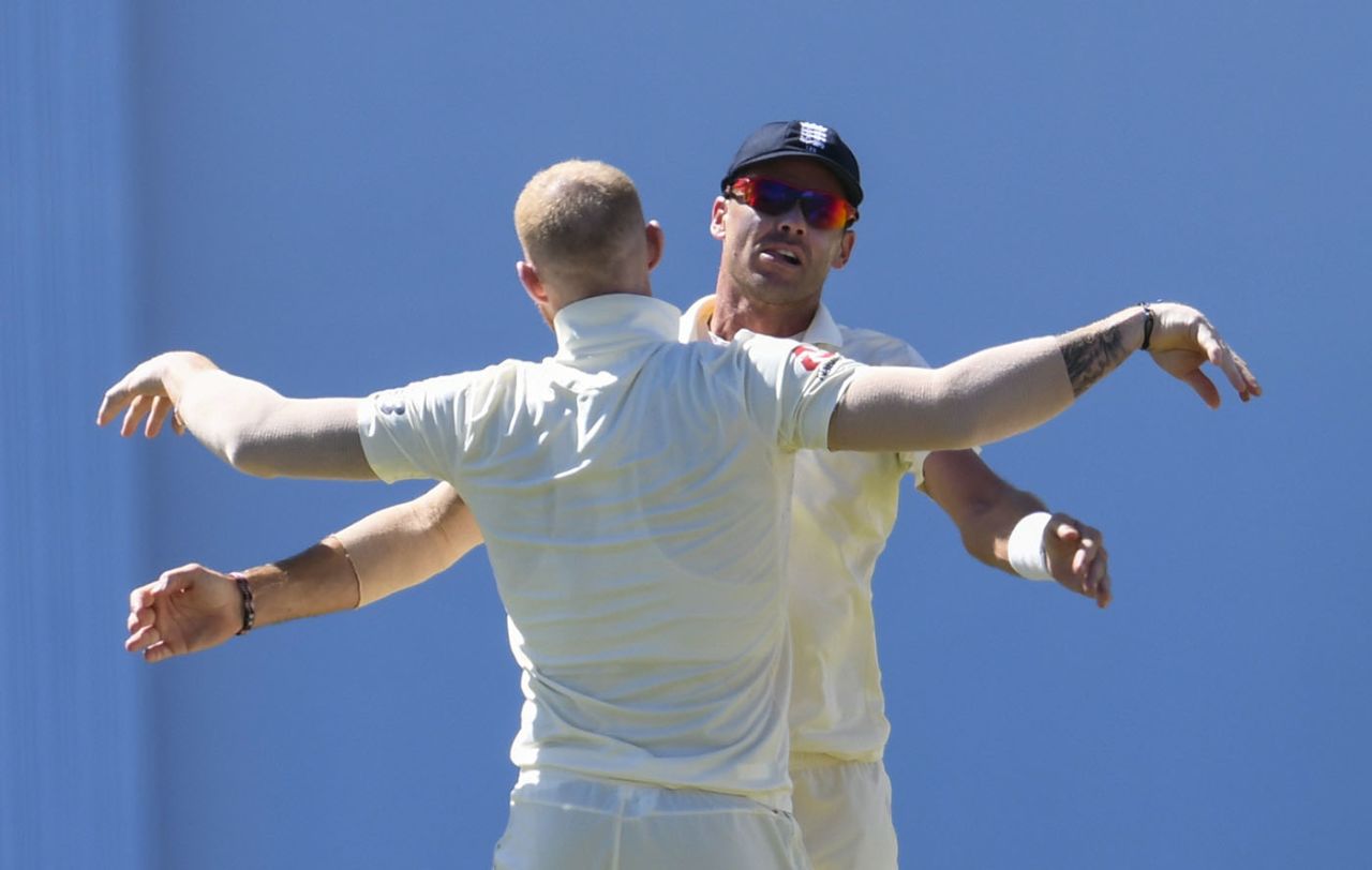 Ben Stokes and James Anderson celebrate a wicket, West Indies v England, 2nd Test, second day, Antigua, 2nd day, February 1, 2019