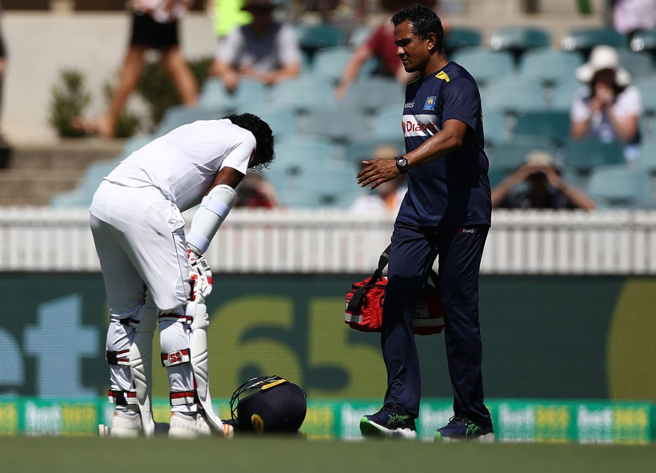Kusal Perera was forced to retire hurt after being hit on the helmet, Australia v Sri Lanka, 2nd Test, Canberra, February 3, 2019