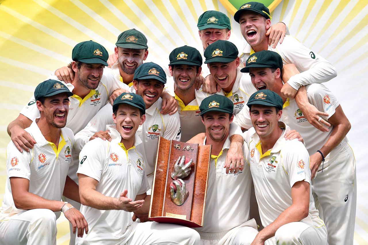 Australia celebrate with the Warne-Muralitharan trophy, Australia v Sri Lanka, 2nd Test, Canberra, February 4, 2019