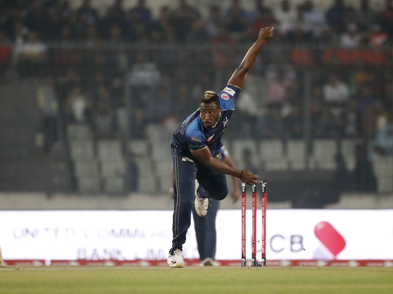 Andre Russell in his delivery stride, Dhaka Dynamites v Rangpur Riders, BPL 2019, 2nd Qualifier, Dhaka, February 6, 2019