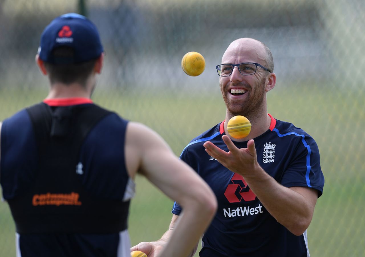 Jack Leach of England juggles during a net session, England v West Indies, Sir Vivian Richards Stadium, St John's, Antigua, February 4, 2019