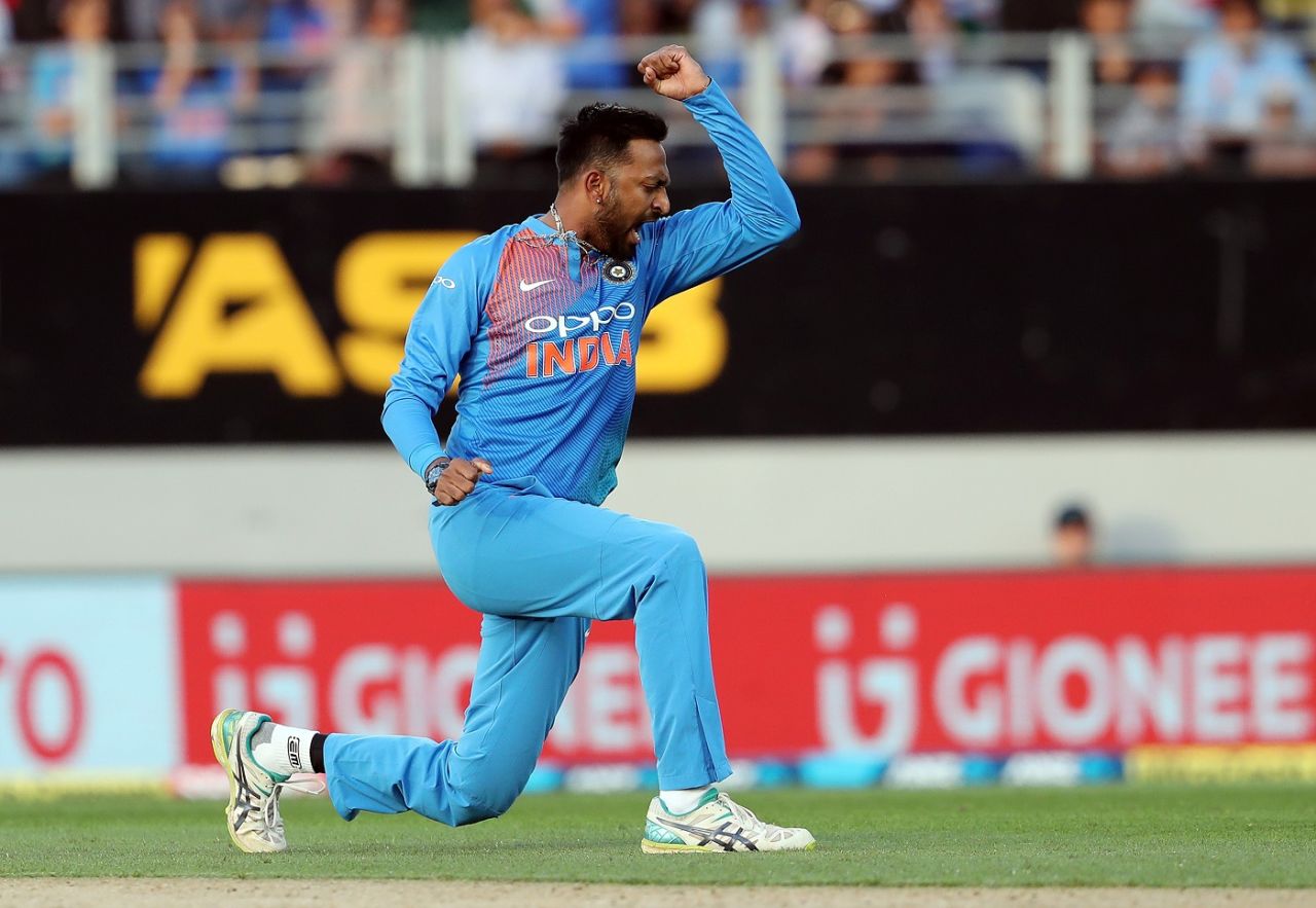 Krunal Pandya celebrates a wicket, New Zealand v India, 2nd T20I, Auckland, February 8, 2019