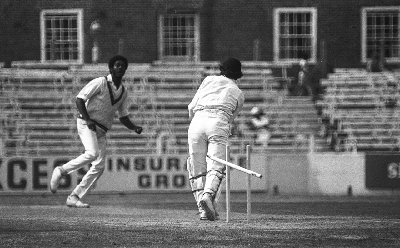 Michael Holding sends Alan Knott's middle stump cartwheeling, England v West Indies, 5th Test, The Oval, 4th day, August 16, 1976