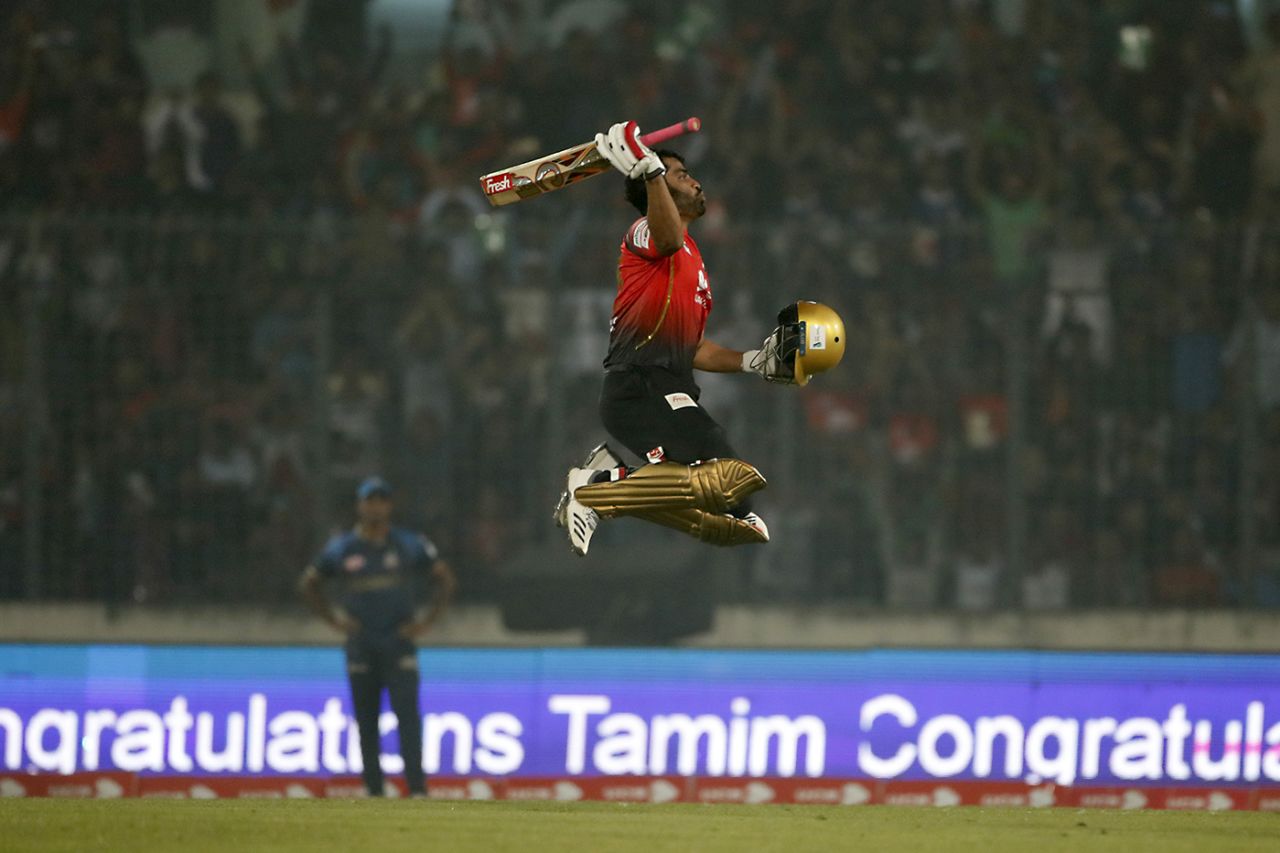 Tamim Iqbal is ecstatic after scoring a hundred in the BPL final, Dhaka Dynamites v Comilla Victorians, BPL 2018-19, final, Dhaka, February 8, 2019