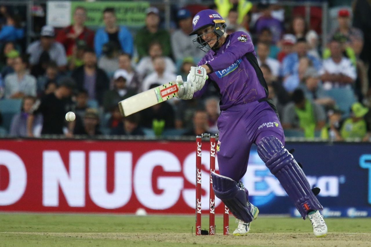 George Bailey muscles a shot through the off side, Sydney Thunder v Hobart Hurricanes, BBL08, Canberra, February 9, 2019
