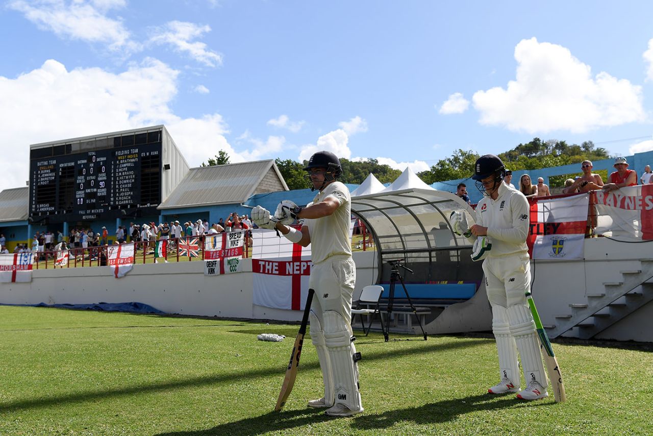 Rory Burns and Keaton Jennings prepare to open the batting for England, West Indies v England, 3rd Test, St Lucia 