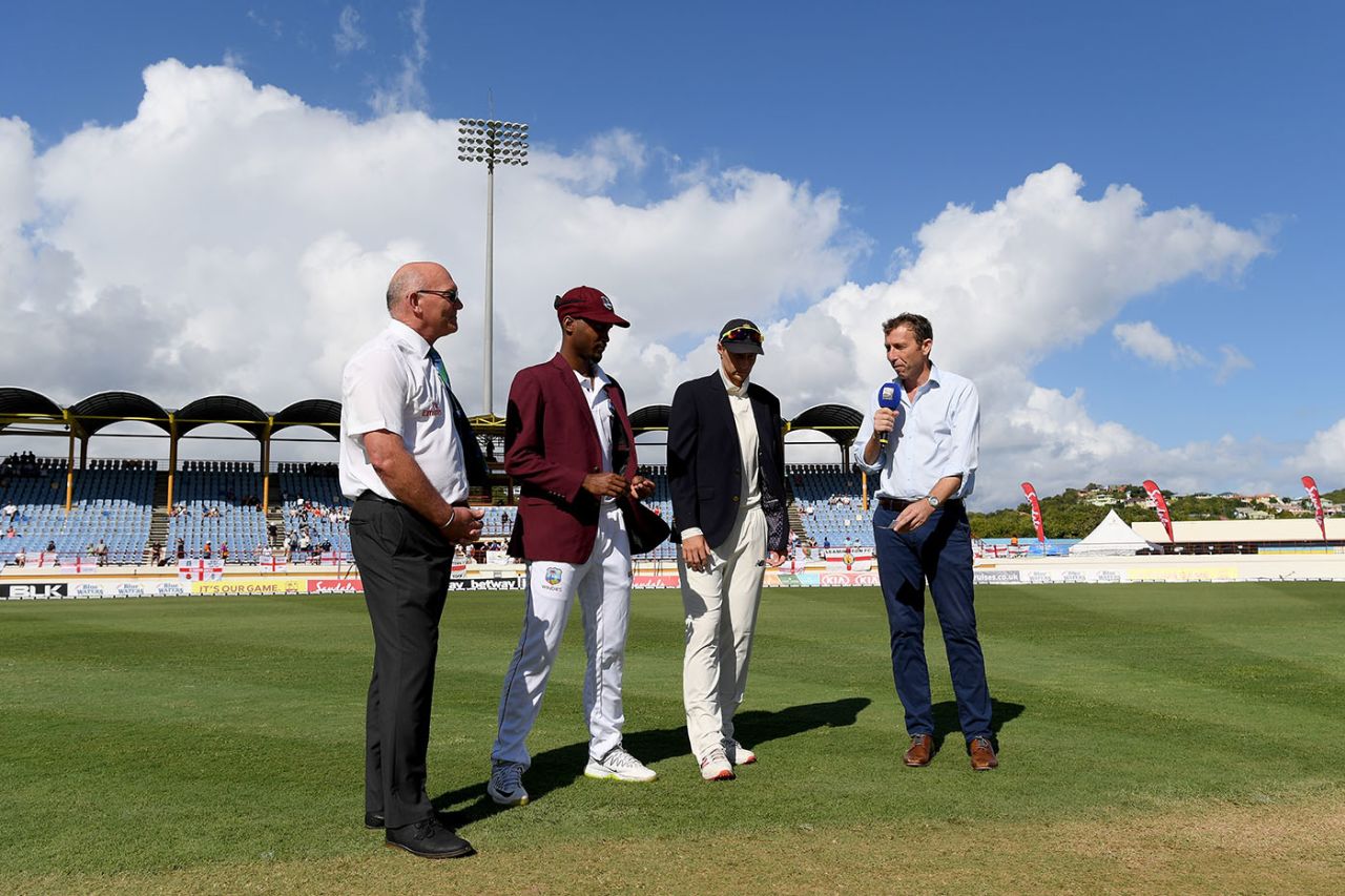 Kraigg Brathwaite of West Indies tosses the coin alongside Joe Root of England, West Indies v England, 3rd Test, St Lucia 