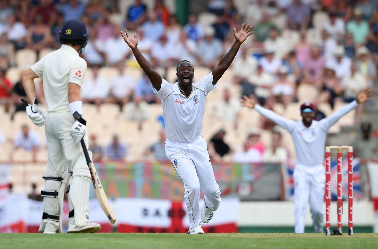 Kemar Roach launches into a loud appeal, West Indies v England, 3rd Test, St Lucia, 1st day, February 9, 2019