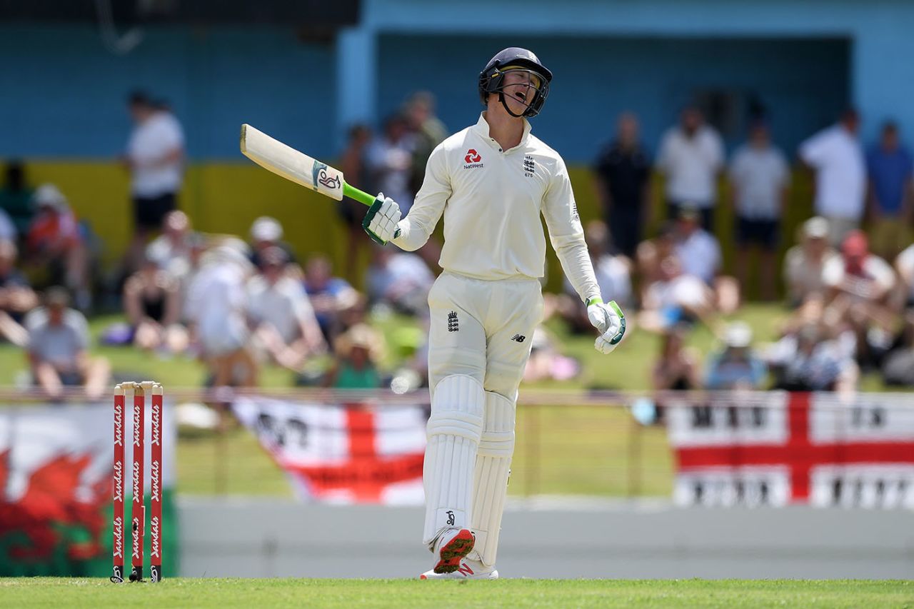 Keaton Jennings reacts after being caught off the bowling Keemo Paul, West Indies v England, 3rd Test, St Lucia 
