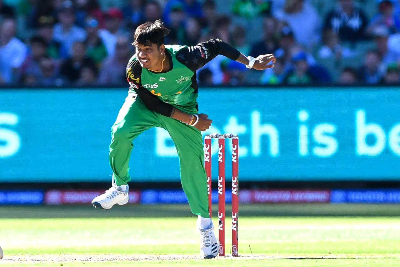 Sandeep Lamichhane in his follow through, BBL 2018-19, Melbourne Stars v Sydney Sixers, Melbourne, February 10, 2019
