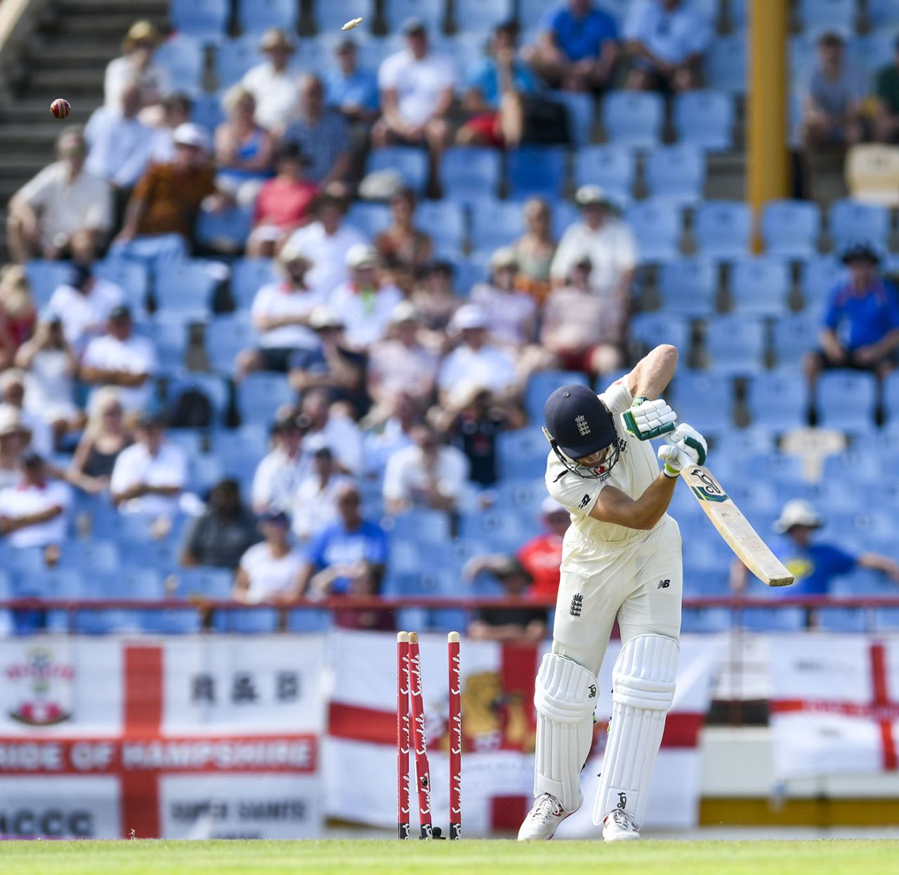 Jos Buttler was bowled attempting to drive, West Indies v England, 3rd Test, St Lucia, 2nd day, February 10, 2019