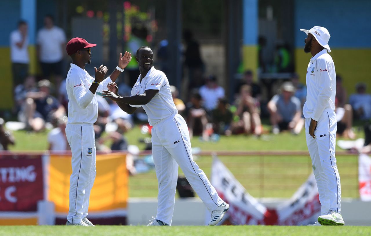 Kemar Roach takes the plaudits after the dismissal of Jonny Bairstow, West Indies v England, 3rd Test, St Lucia, 2nd day, February 10, 2019