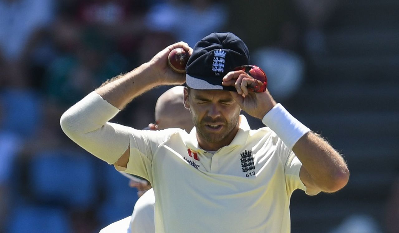 James Anderson of England puts on his cap, West Indies v England, 3rd Test, St Lucia, 2nd day, February 10, 2019