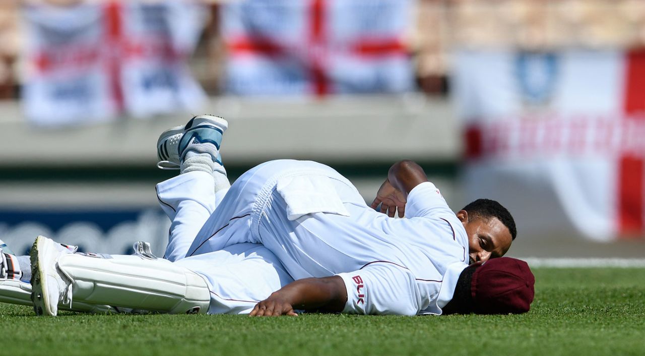 Shannon Gabriel congratulates Shane Dowrich on the dismissal of Ben Stokes, West Indies v England, 3rd Test, St Lucia, 2nd day, February 10, 2019