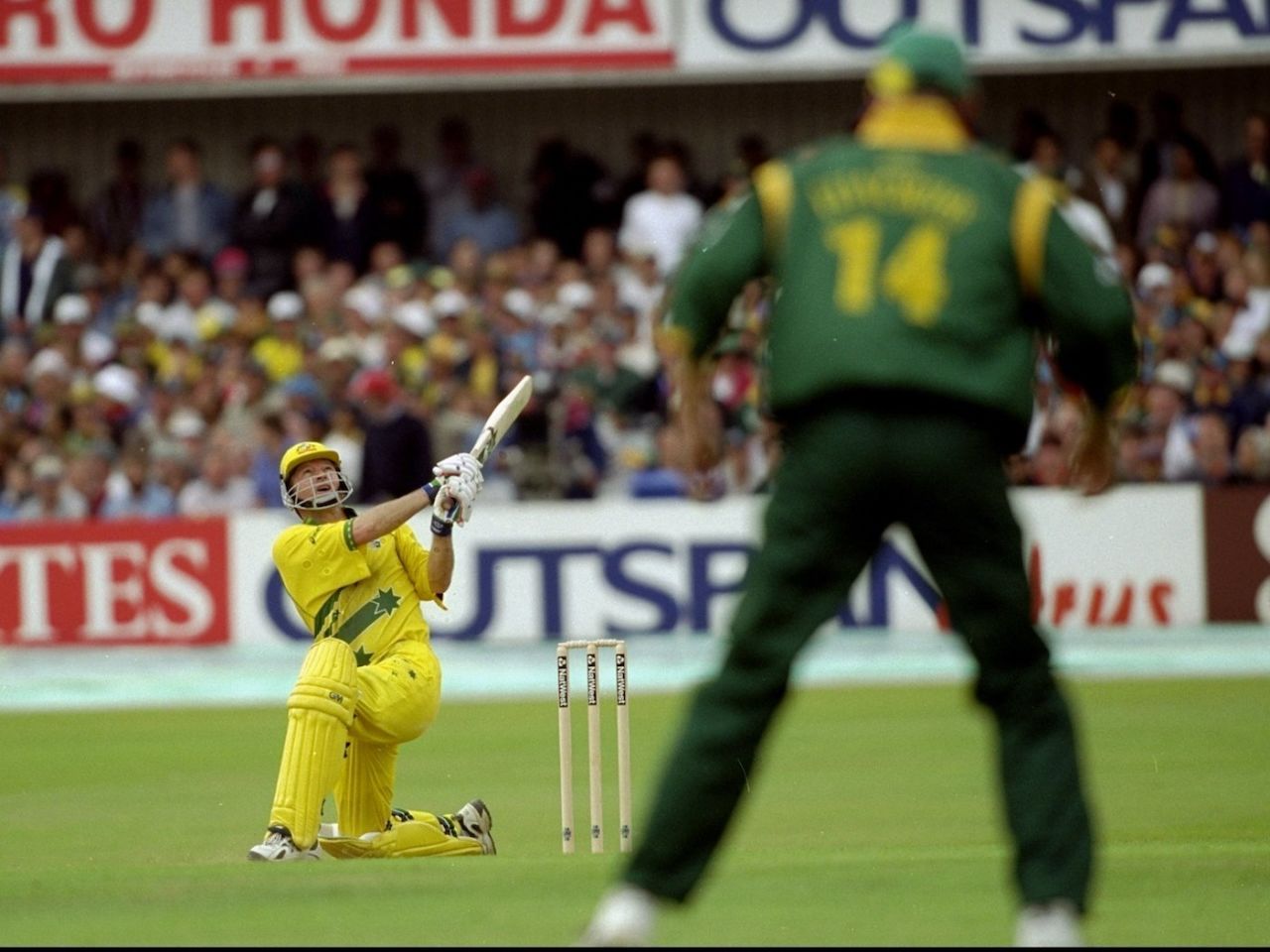 Steve Waugh smashes a boundary as Australia recover against South Africa, Headingley, Leeds, England, World Cup Super Sixes, June 13, 1999