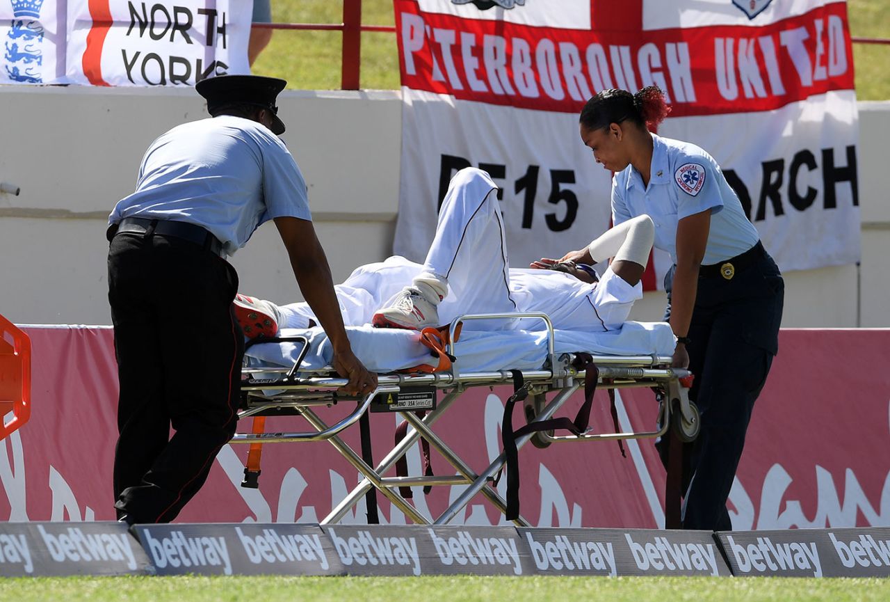 Keemo Paul is stretchered from the field after suffering a quadriceps injury, West Indies v England, 3rd Test, St Lucia, 3rd day, February 11, 2019
