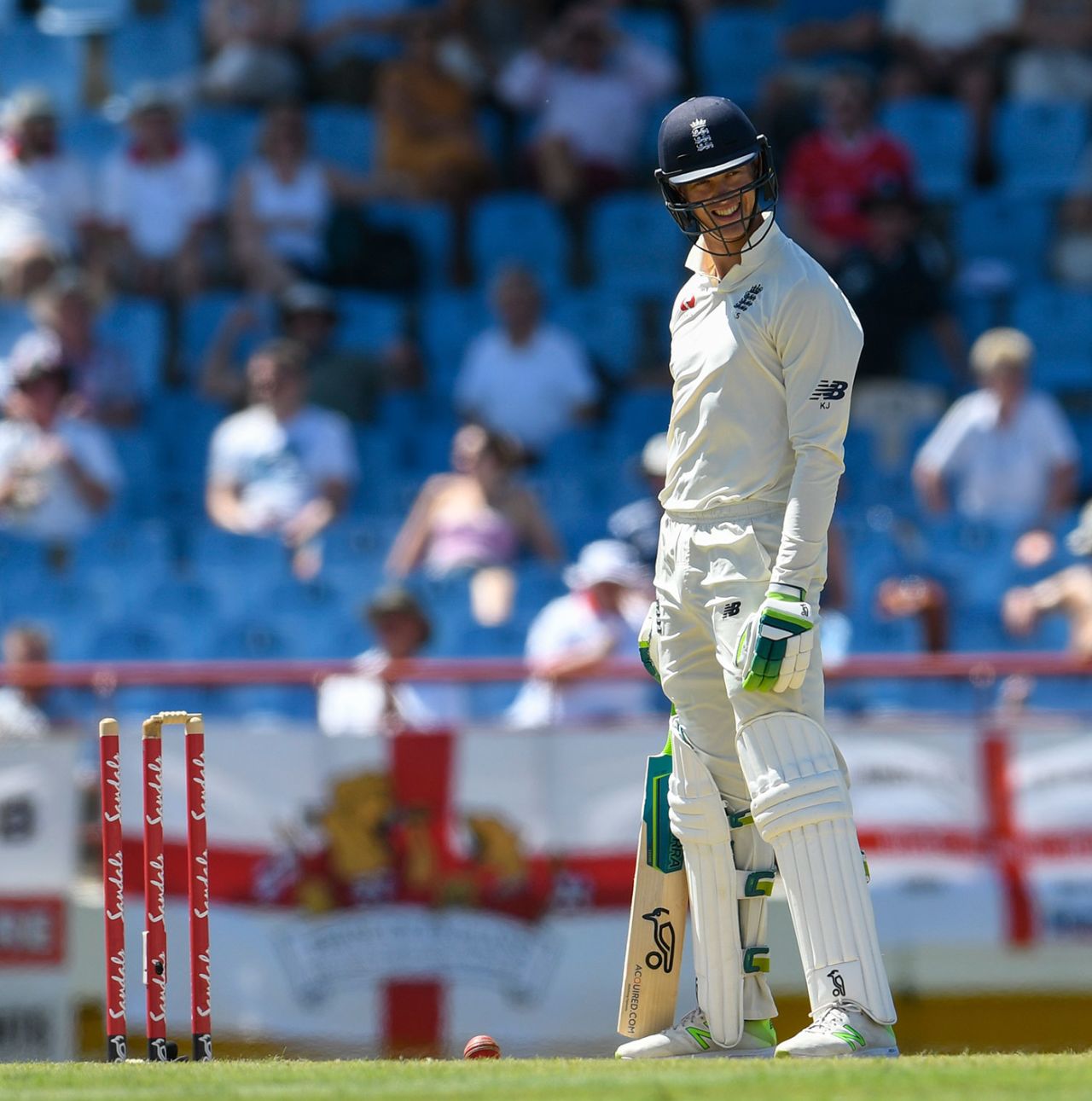 Keaton Jennings smiles ruefully after being bowled off his thigh pad, West Indies v England, 3rd Test, St Lucia, 3rd day, February 11, 2019