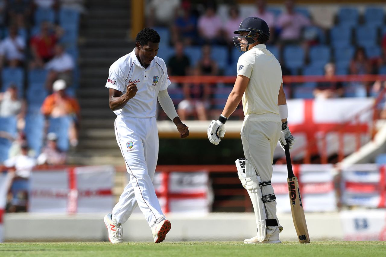 Keemo Paul claimed the wicket of Rory Burns with his first ball of the day, West Indies v England, 3rd Test, St Lucia, 3rd day, February 11, 2019