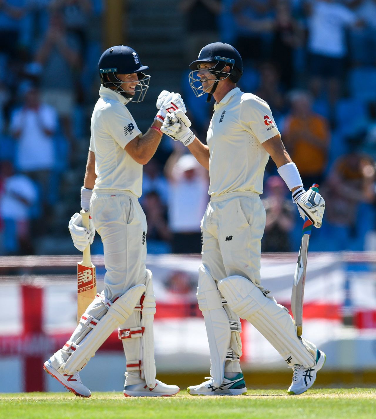 Joe Root congratulates Joe Denly on his maiden fifty, West Indies v England, 3rd Test, St Lucia, 3rd day, February 11, 2019
