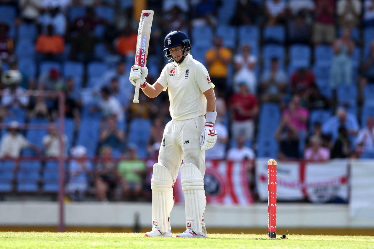 Joe Root celebrates reaching his half century, West Indies v England, 3rd Test, St Lucia, 3rd day, February 11, 2019