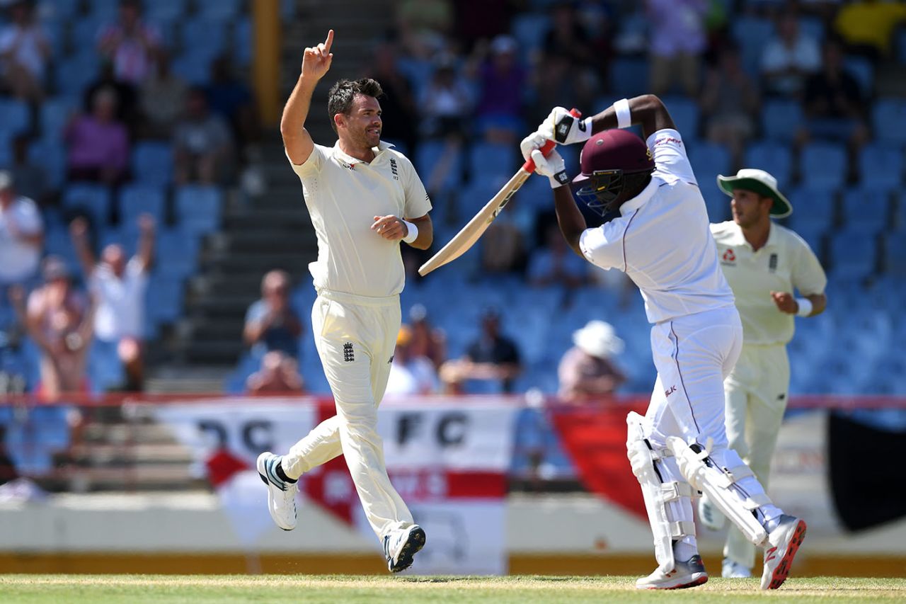 James Anderson celebrates taking the wicket of Darren Bravo, West Indies v England, 3rd Test, St Lucia, 4th day, February 12, 2019
