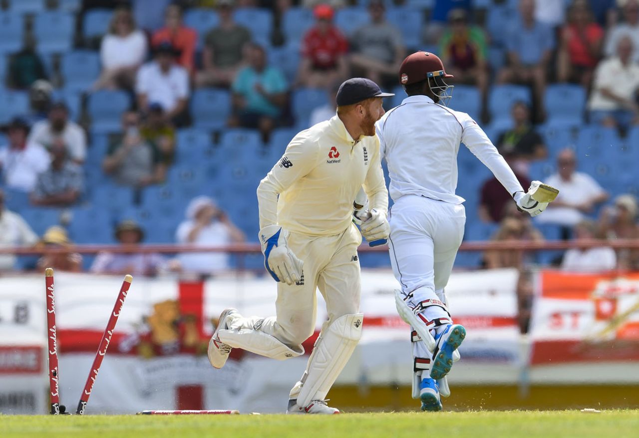 Jonny Bairstow completes the run-out of Shimron Hetmyer, West Indies v England, 3rd Test, St Lucia, 4th day, February 12, 2019