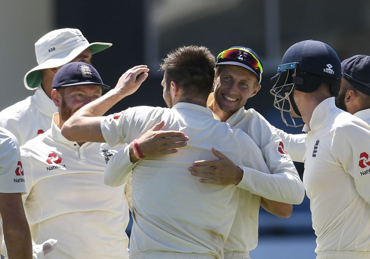 Joe Root hugs Mark Wood in celebration for the dismissal of Shai Hope, West Indies v England, 3rd Test, St Lucia, 4th day, February 12, 2019