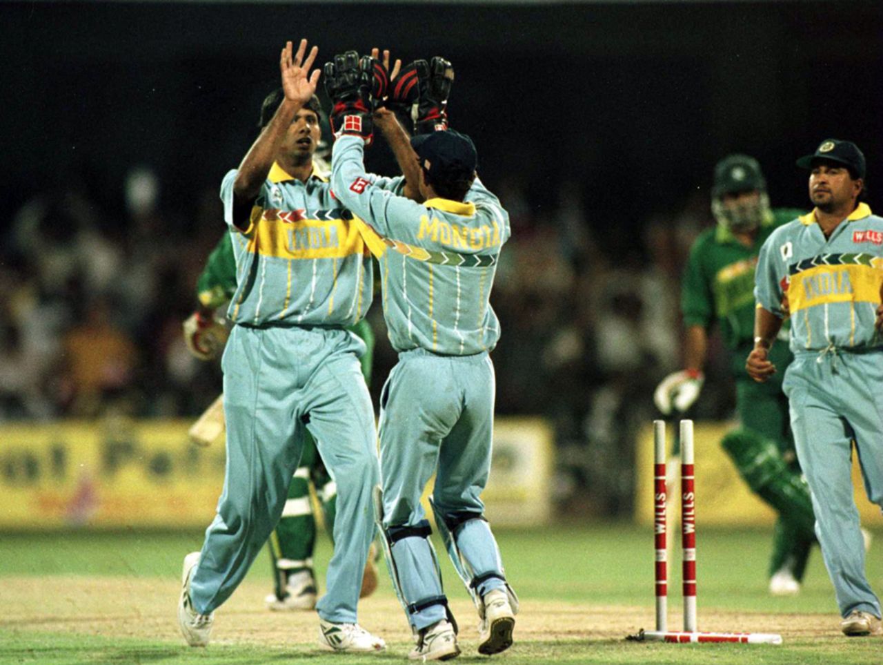 Venkatesh Prasad celebrates after bowling Aamer Sohail, India v Pakistan, World Cup quarter-final, March 1996