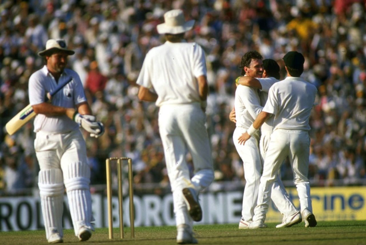 Mike Gatting walks off after playing the ill-judged reverse sweep off Allan Border. Gatting's dismissal eventually cost England the final.