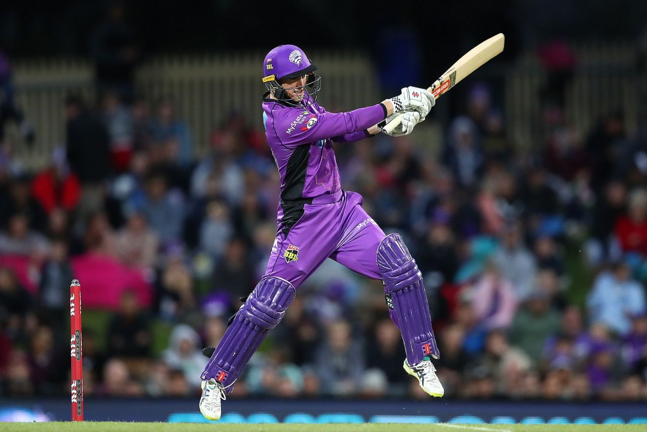 George Bailey is airborne as he steers the ball on to the off side, Hobart Hurricanes v Melbourne Stars, Big Bash League 2018-19, semi-final, Hobart, February 14, 2019