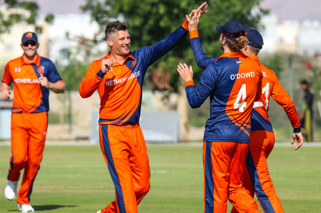 Captain Pieter Seelaar celebrates after his first wicket of the day, Netherlands v Scotland, Oman Quadrangular T20I Series, Al Amerat, February 13, 2019