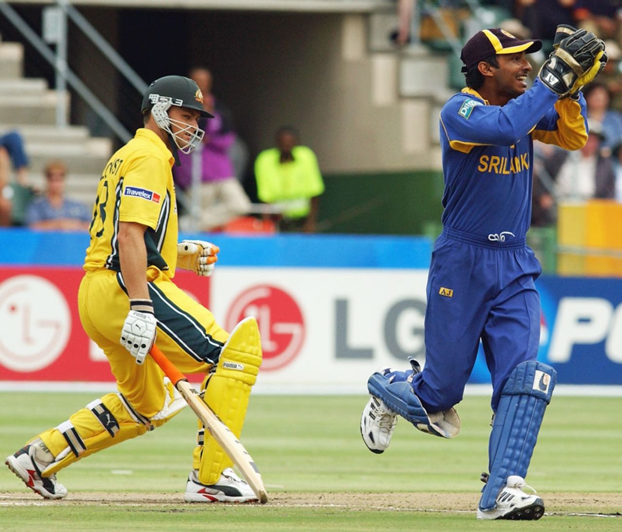 Adam Gilchrist was caught by Kumar Sangakkara for 22, 1st Semi Final - Australia v Sri Lanka at Port Elizabeth, 18th March 2003