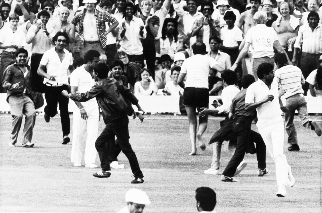 Fans run on to the field to celebrate Kapil Dev's catch to dismiss Viv Richards, India v West Indies, World Cup final, Lord's, June 25, 1983