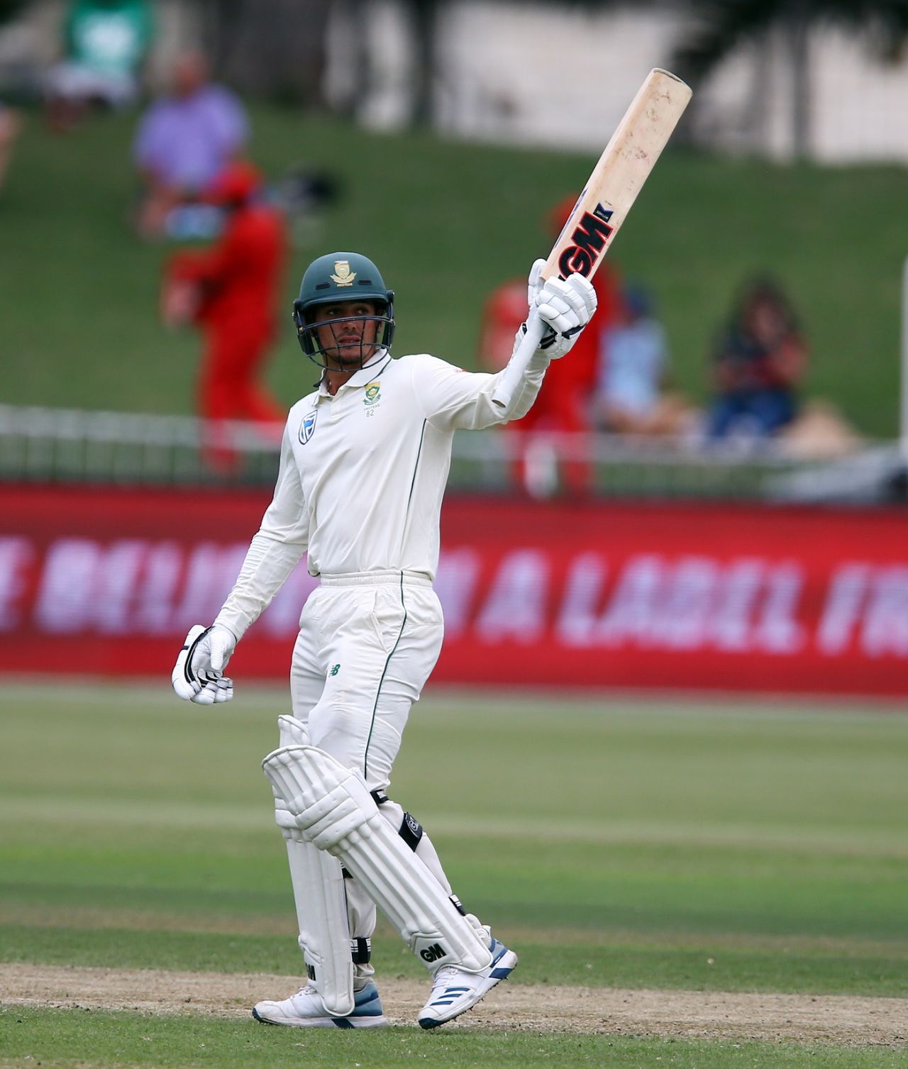 Quinton de Kock raises his bat, South Africa v Sri Lanka, 1st Test, Durban, 3rd day, February 15, 2019