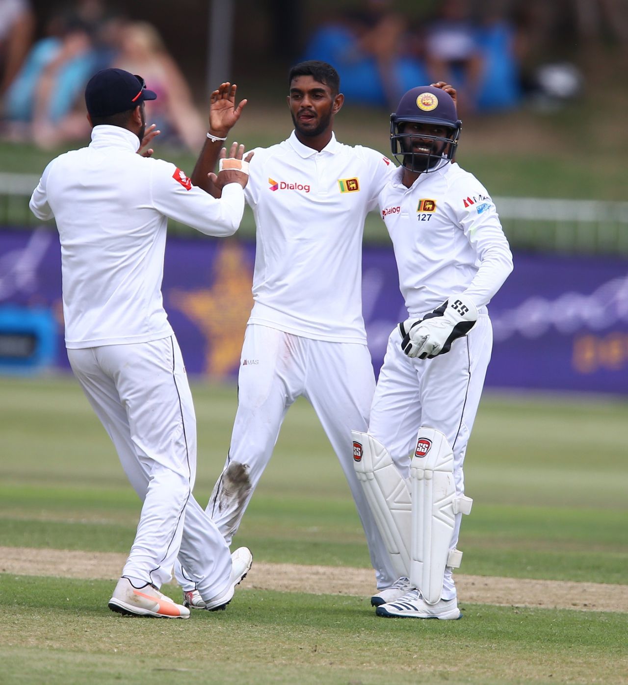 Lasith Embuldeniya celebrates with his team-mates, South Africa v Sri Lanka, 1st Test, Durban, 3rd day, February 15, 2019