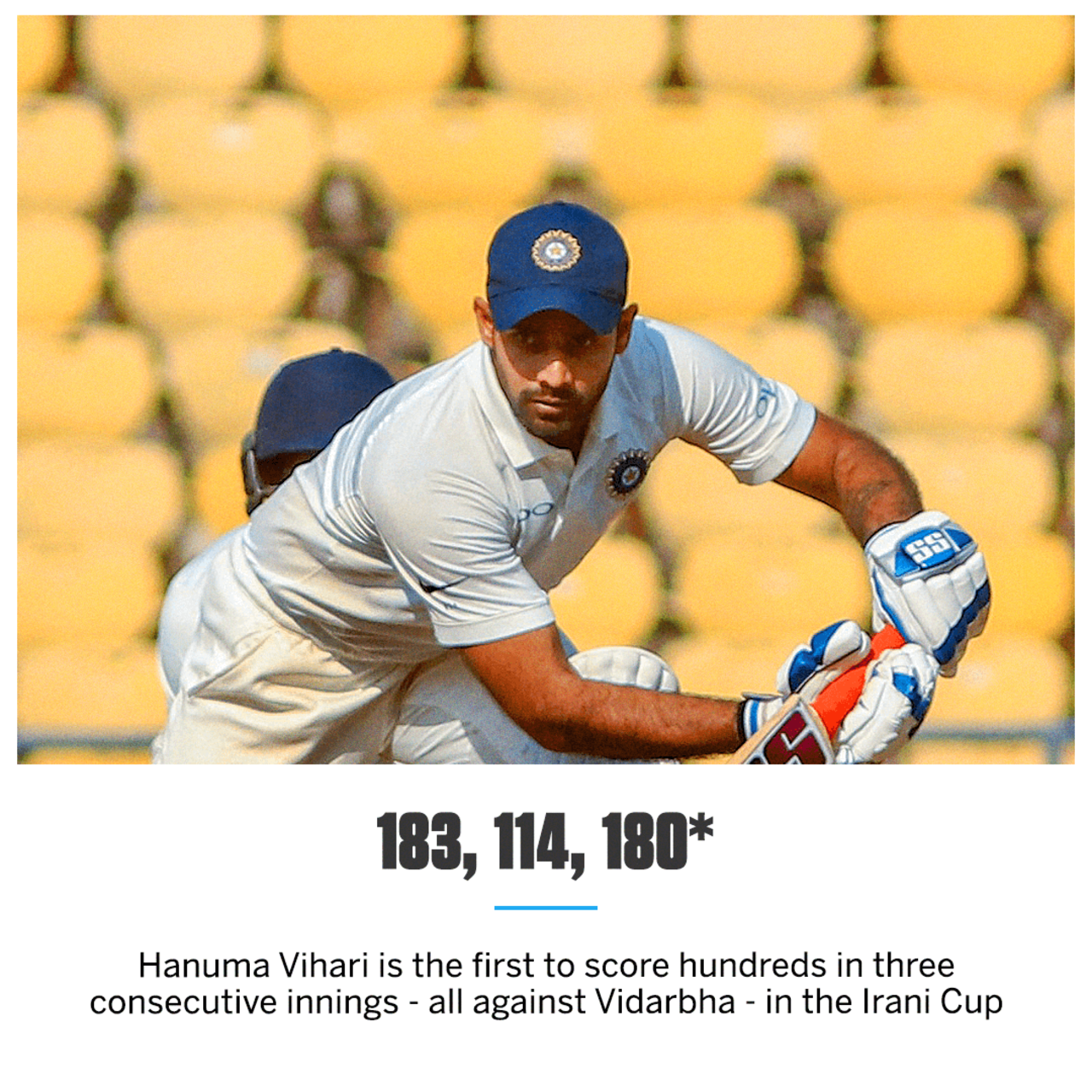 Hanuma Vihari has three centuries in three Irani Cup innings, Vidarbha v Rest of India, Irani Cup 2018-19, 4th day, Nagpur, February 15, 2019