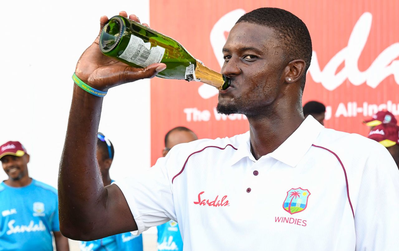 Jason Holder drinks a bottle of champagne, West Indies v England, 2nd Test, 3rd day, Antigua, February 2, 2019