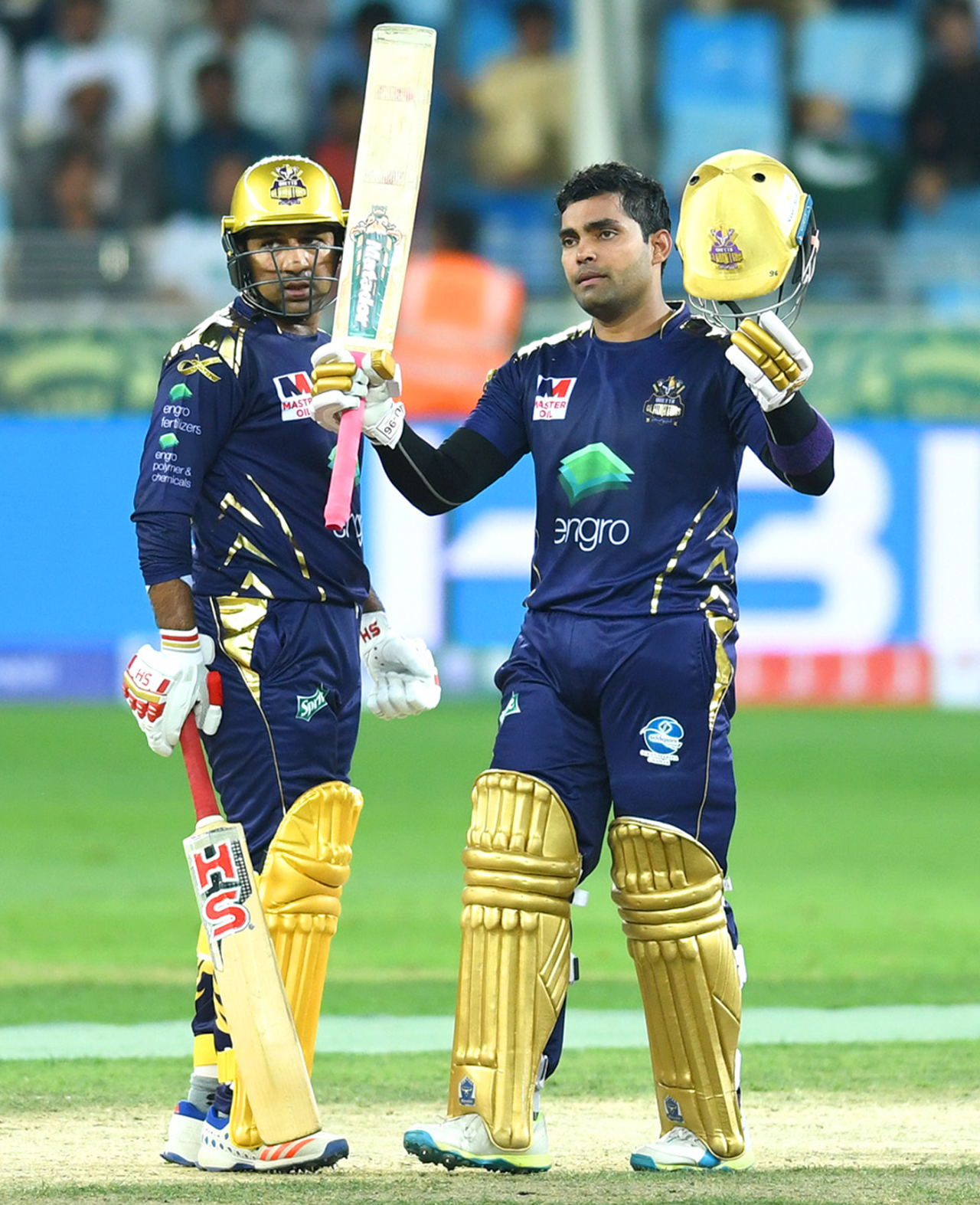 Umar Akmal celebrates his half-century, Peshawar Zalmi v Quetta Gladiators, PSL 2019, Dubai, February 15, 2019