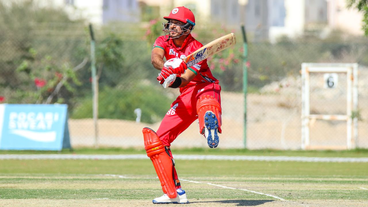 Naseem Khushi completes an unorthodox swat over long-on for six, Oman v Netherlands, Oman Quadrangular T20I Series, Al Amerat, February 15, 2019