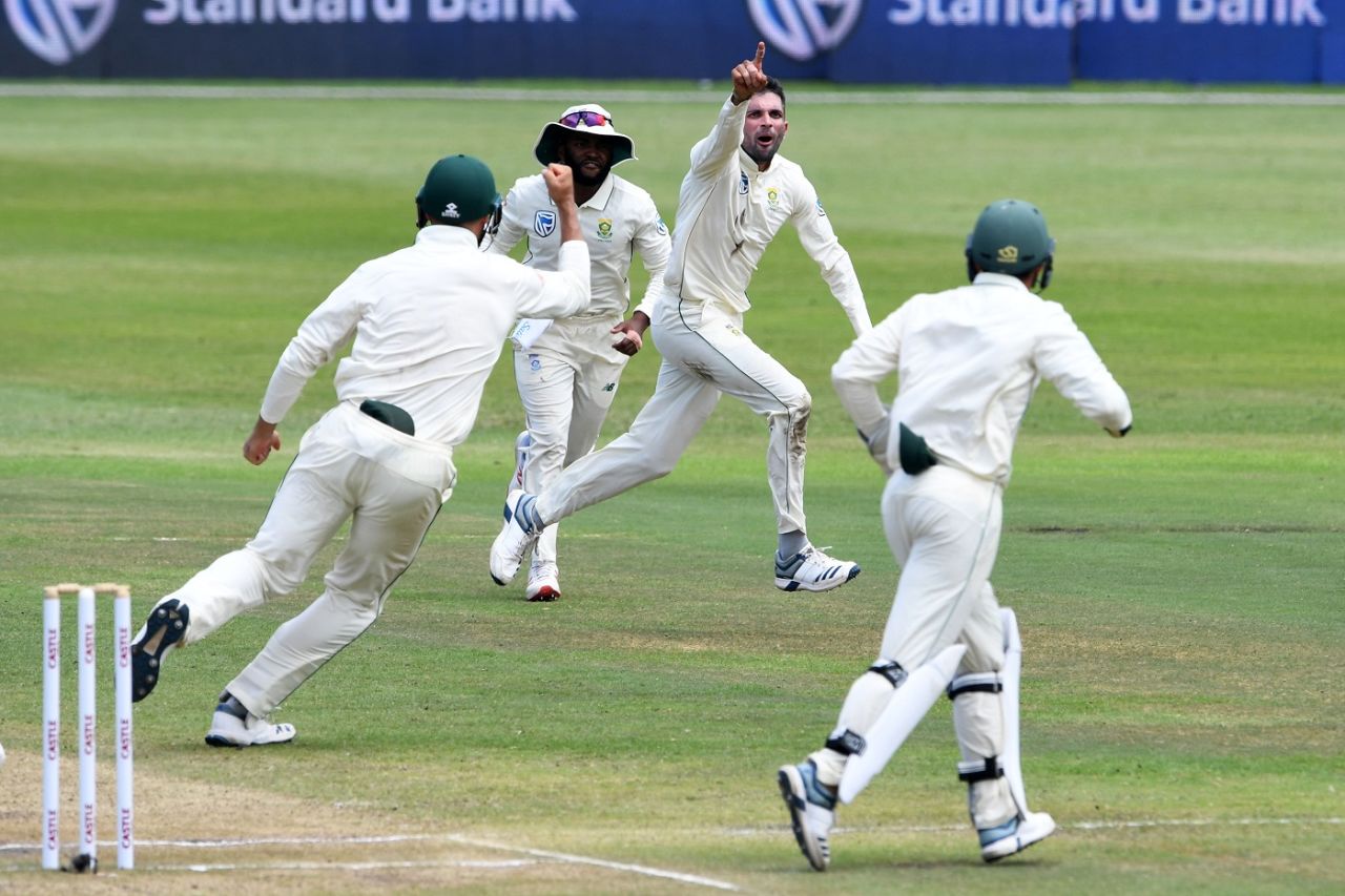 Keshav Maharaj wheels away in celebration, South Africa v Sri Lanka, 1st Test, Durban, 4th day, February 16, 2019
