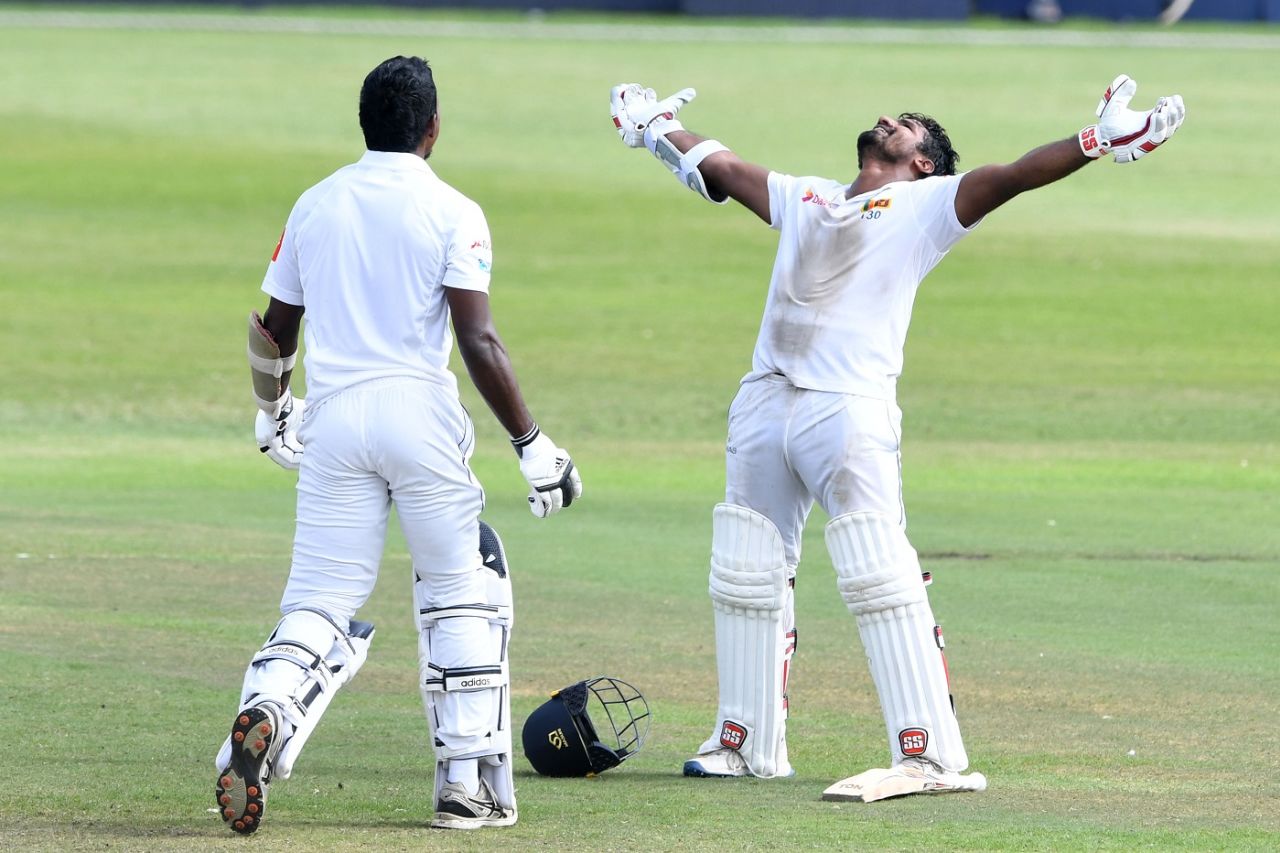 Kusal Perera stretches his arms and looks skyward after taking Sri Lanka to a one-wicket win, South Africa v Sri Lanka, 1st Test, Durban, 4th day, February 16, 2019